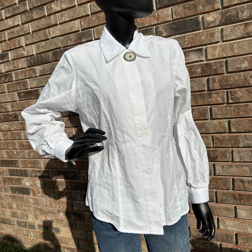 Vintage Saddle Ridge Womens Medium Blouse White Pleated Button-Up Long Sleeve